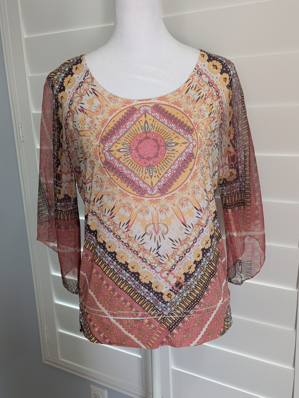 Style&Co. Boho Studded Medallion Print Scoop Neck Women's Top in Coral and Peach